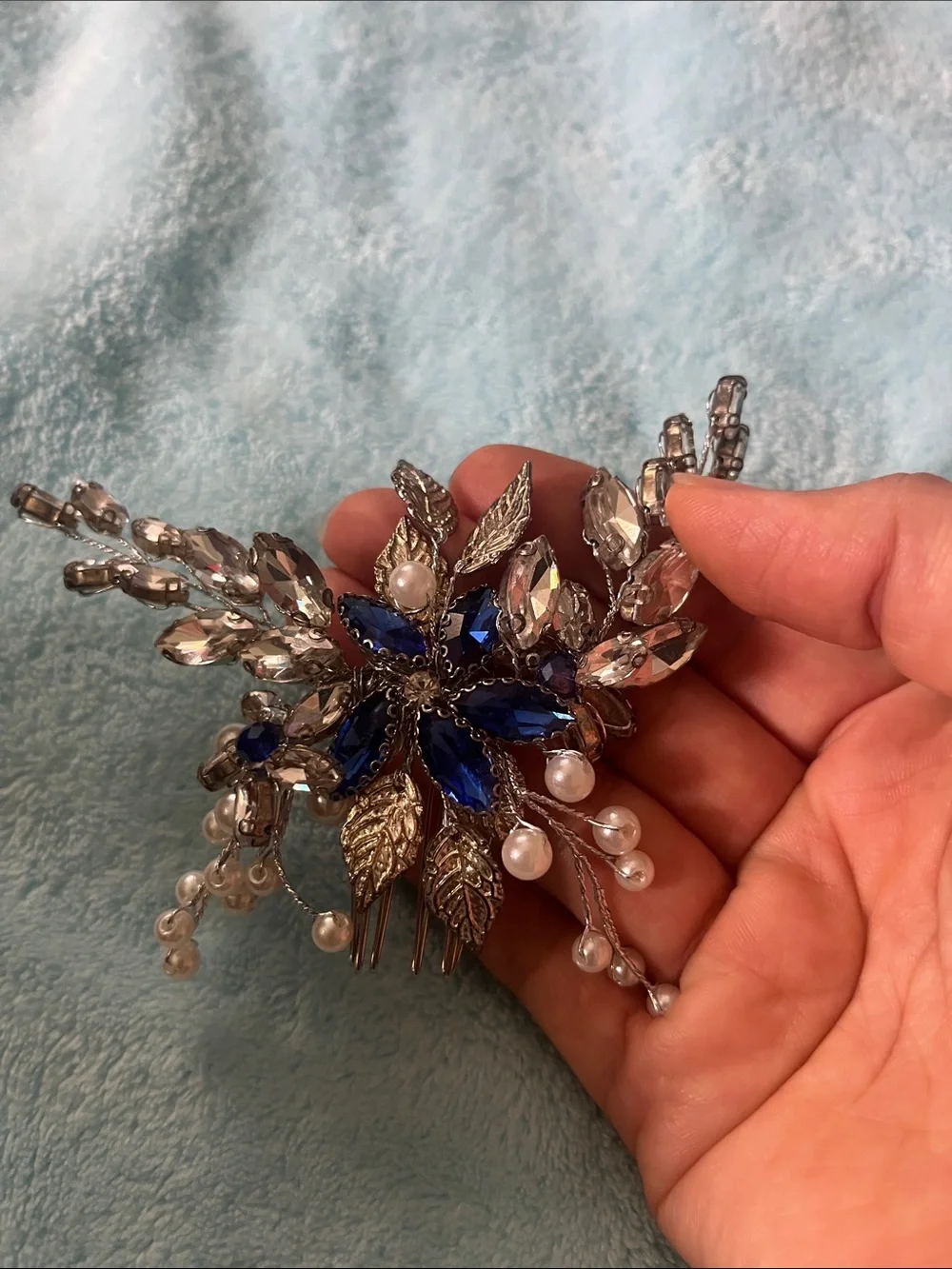 Pearl & Sapphire Blue Crystal Hair Comb